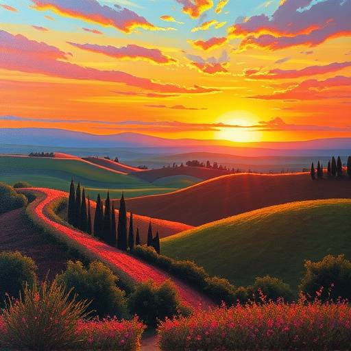 A captivating oil painting depicting the rolling hills of Tuscany at sunset, with vibrant colors and a sense of tranquility.