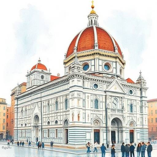 A detailed watercolor painting of the Duomo in Florence, capturing its architectural grandeur and historical significance.