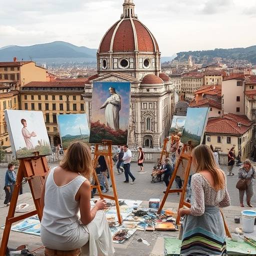 A group of people participating in a painting workshop in Florence