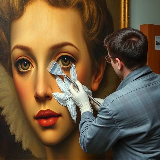 A professional art restorer carefully cleaning an old painting