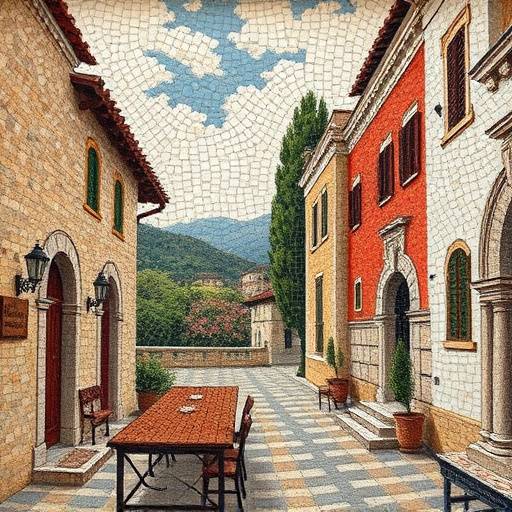 A vibrant mosaic artwork depicting a classical Italian scene, with rich colors and intricate patterns.