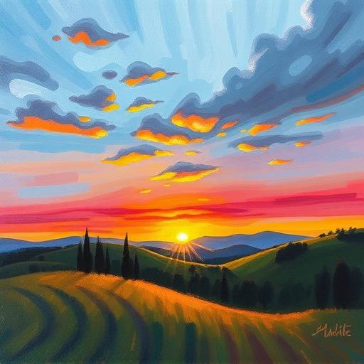 An impressionistic painting of the rolling hills of Tuscany at sunset