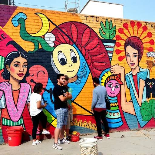 Group photograph of the Arte Viva collective, standing in front of a mural they created