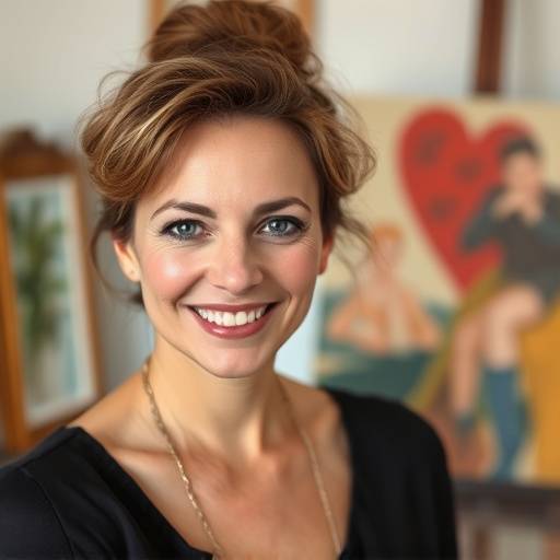 Portrait of Elena Rossi, a contemporary Italian painter, smiling in her studio
