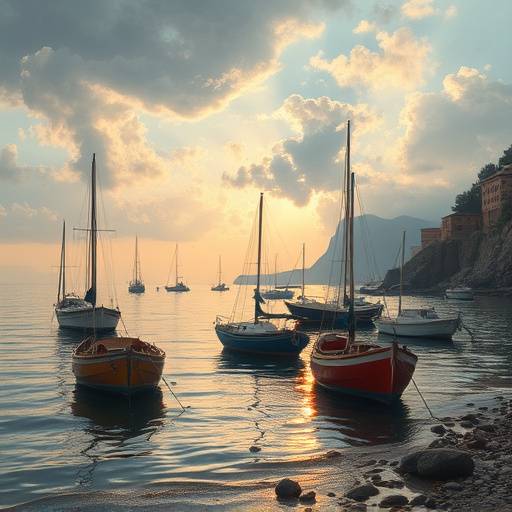 Seascape with Fishing Boats by Giovanni Esposito, a contemporary Italian artist capturing the beauty of the Mediterranean.